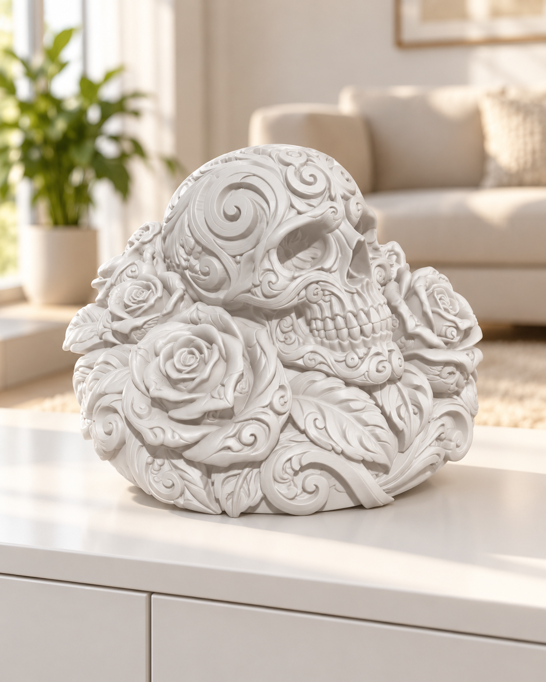 Totenkopf Rosen Ornament - Weiss gedruckt Wohnzimmer