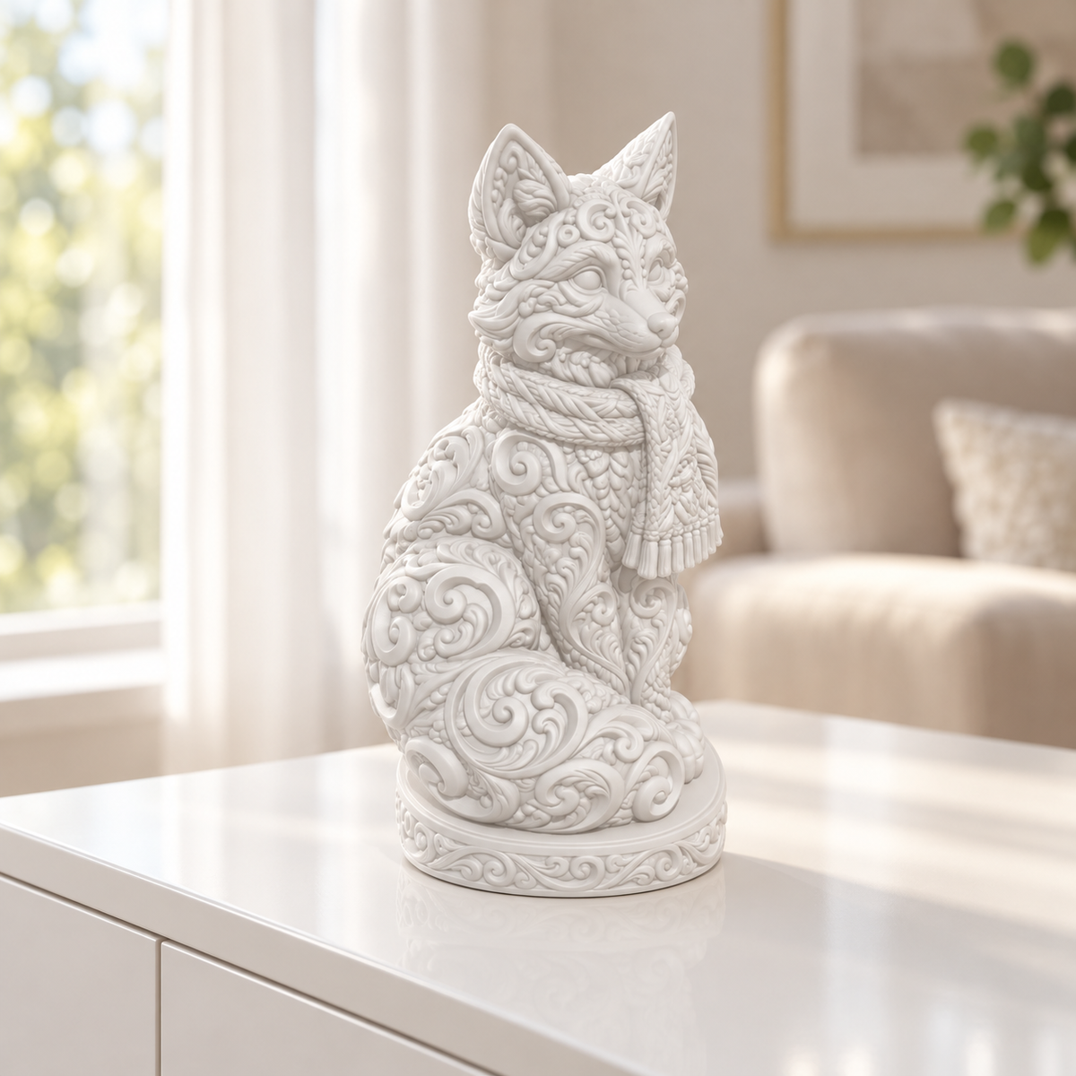 Fuchs mit Schal Ornament - Weiss gedruckt Wohnzimmer