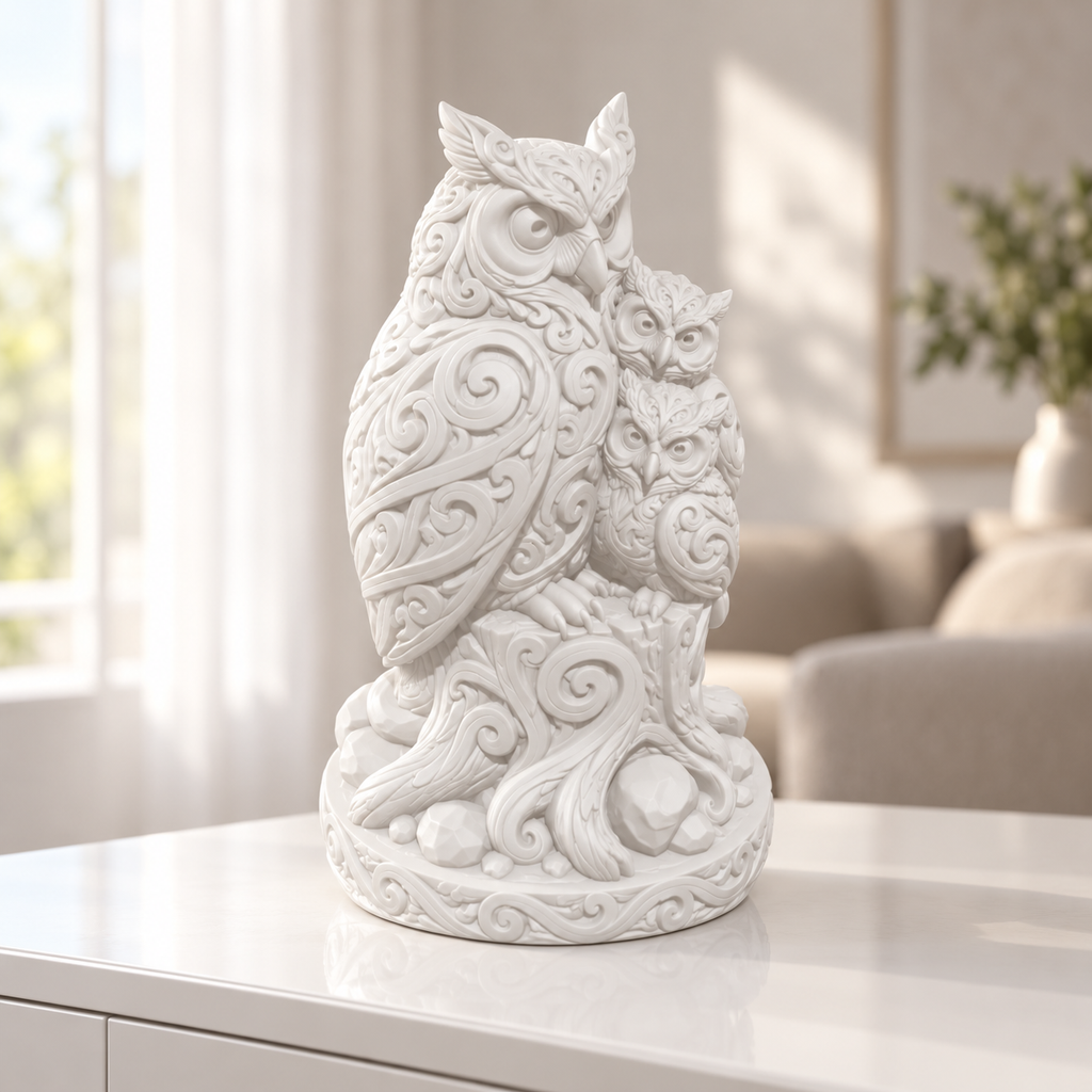 Eule mit zwei Jungen Ornament - Weiss gedruckt Wohnzimmer