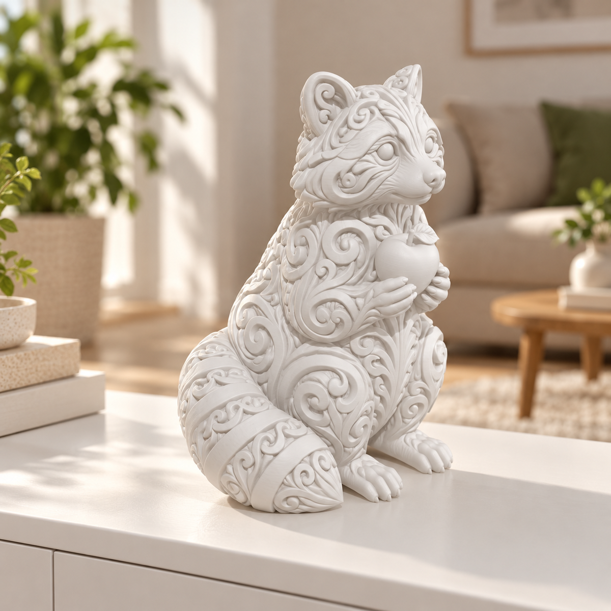 Waschbär mit Apfel Ornament - Weiss gedruckt Wohnzimmer