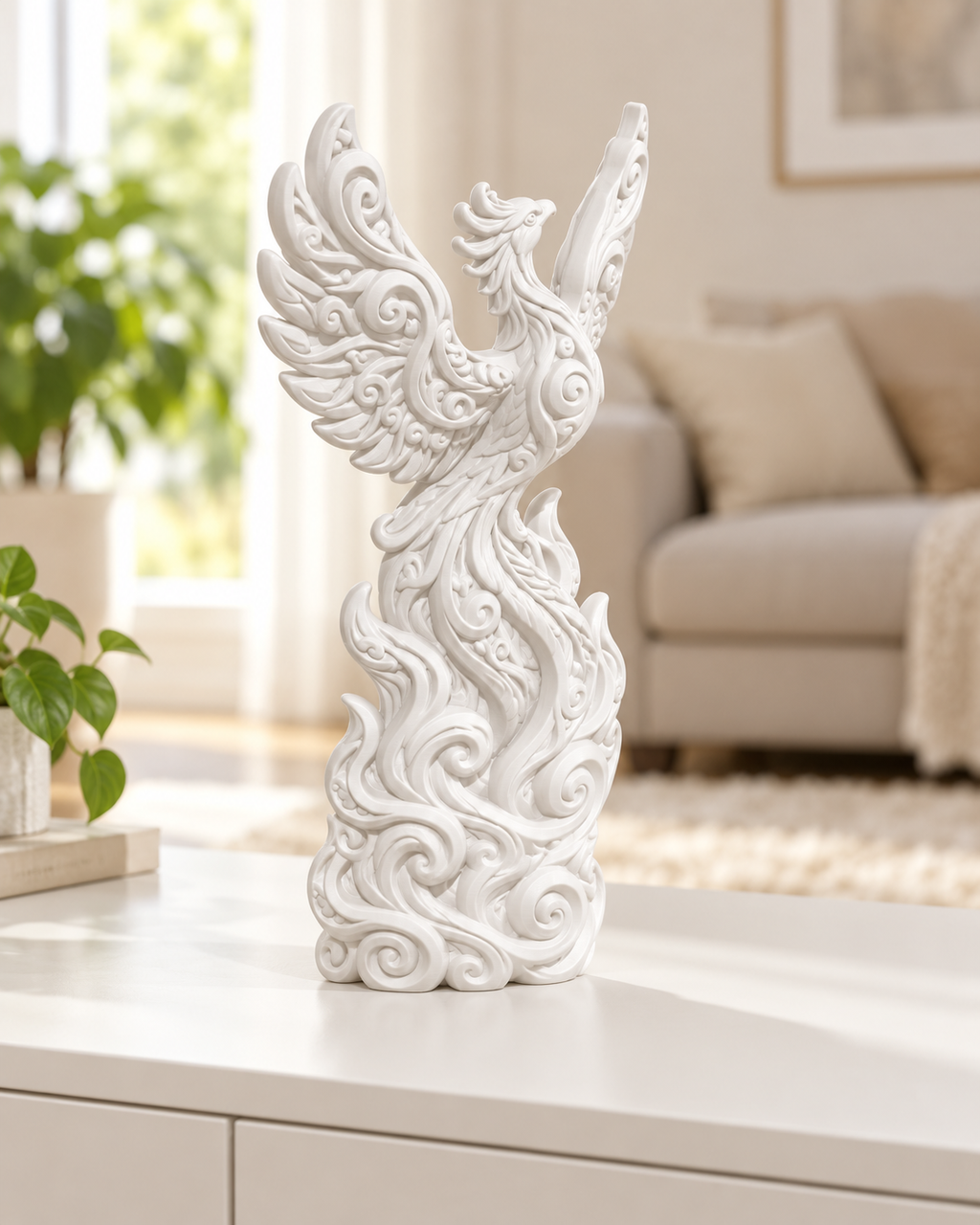 Phönix in Flammen Ornament - Weiss gedruckt Wohnzimmer
