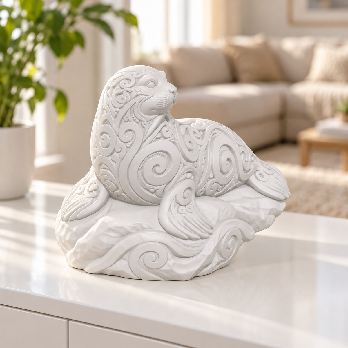 Robbe auf Felsen Ornament - Weiss gedruckt Wohnzimmer