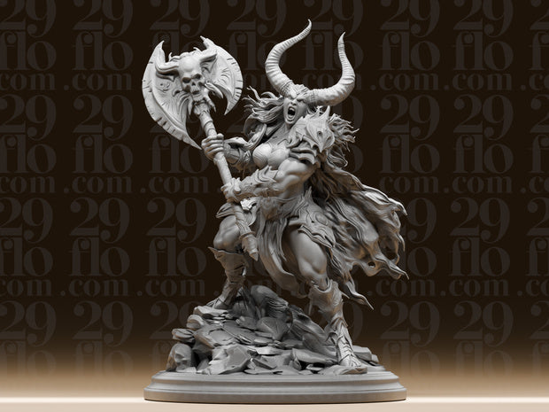 Dämonenkriegerin mit Totenkopf-Axt – Dark-Fantasy Skulptur FehnFactory