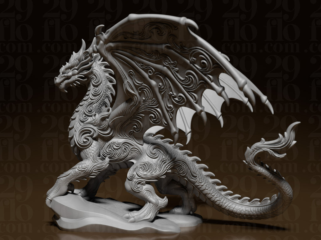 Floral-Drachenskulptur – Geflügelter Fantasy-Drache FehnFactory