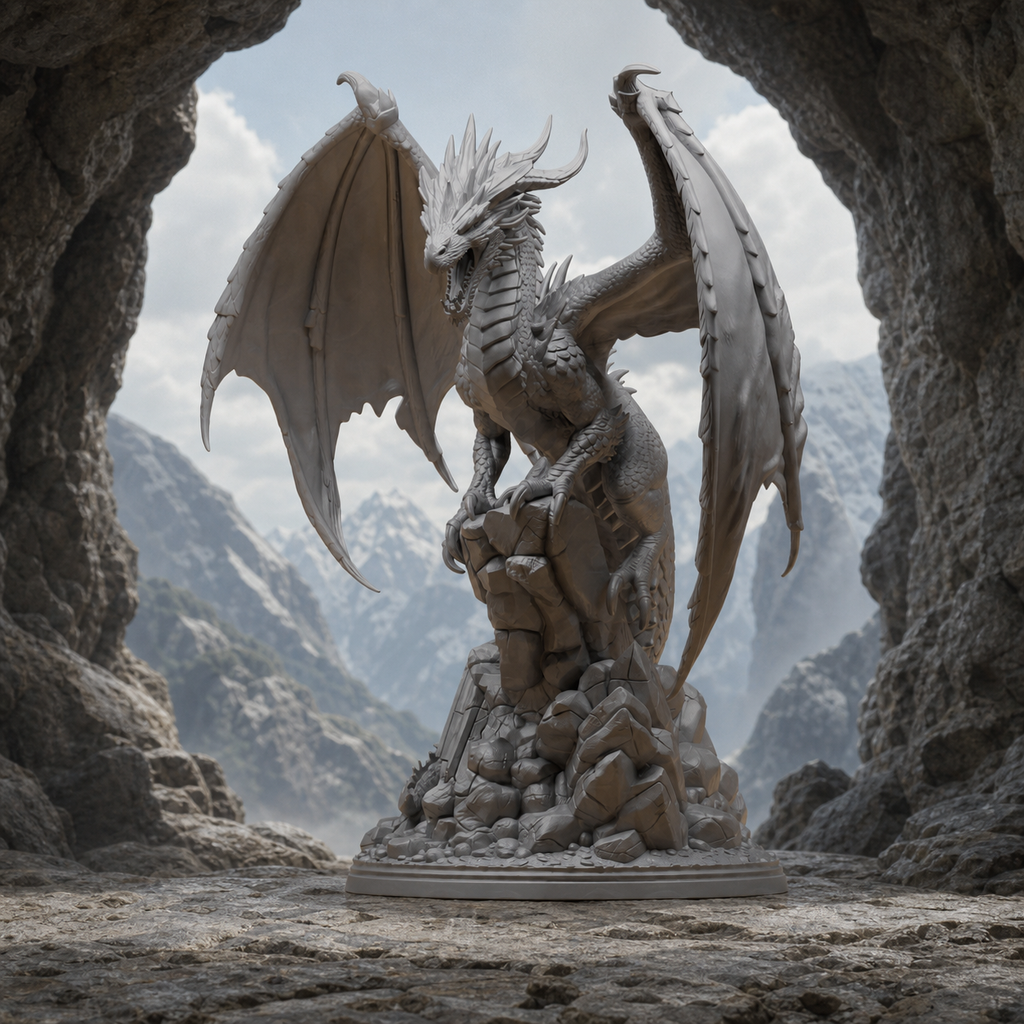 Brüllender Flügeldrache – Fantasy-Statue auf Ruinensockel FehnFactory