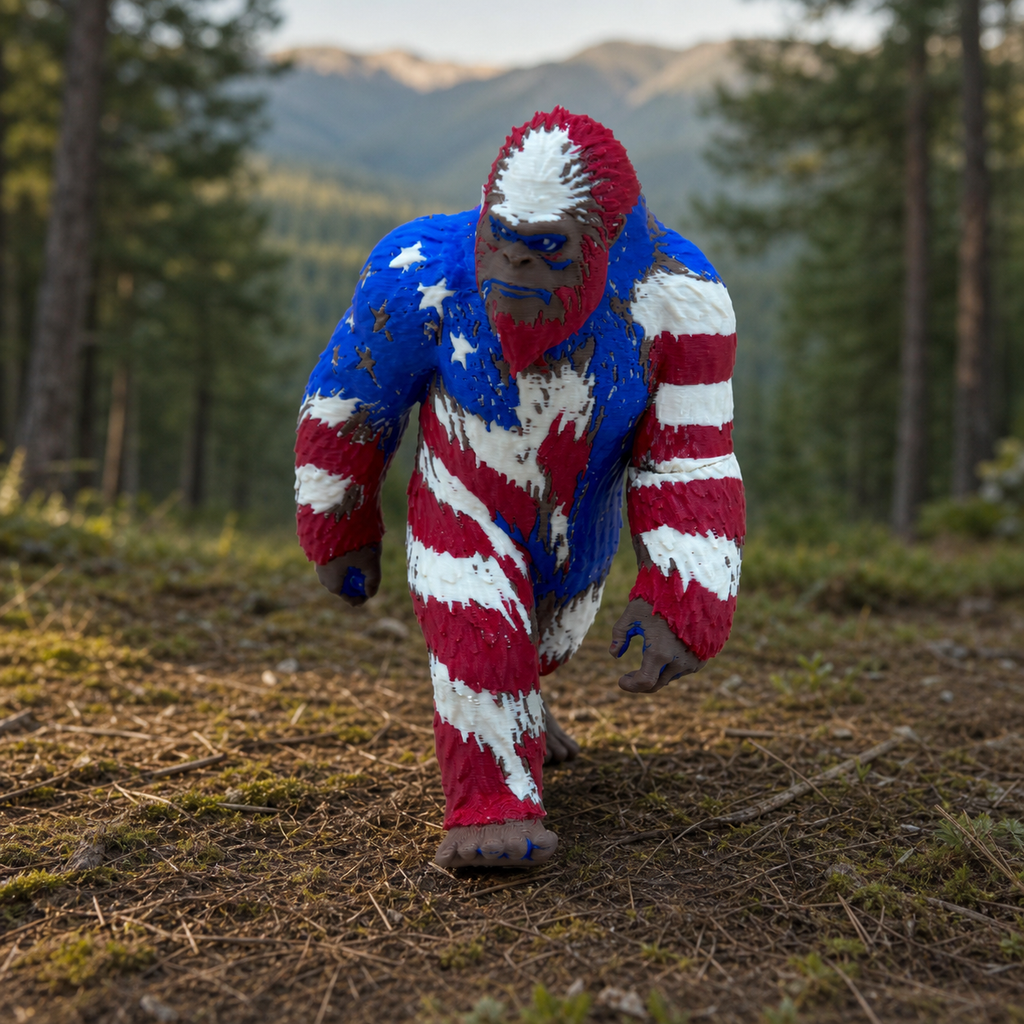 Star Spangled Sasquatch – Mehrfarbige Bigfoot-Skulptur FehnFactory
