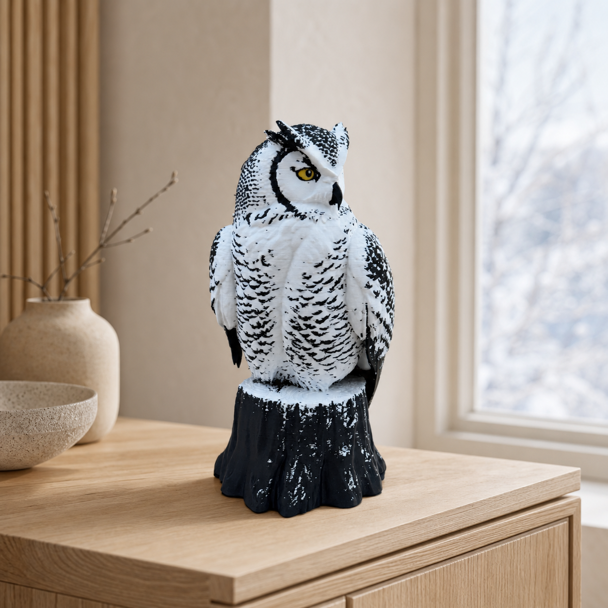 Arctic Guardian Owl – Schneeeulen-Skulptur auf Baumstumpf FehnFactory