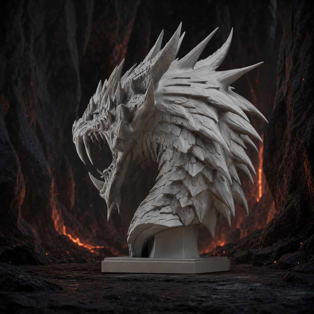 Brüllender Drachenkopf – Fantasy-Büste auf Sockel FehnFactory