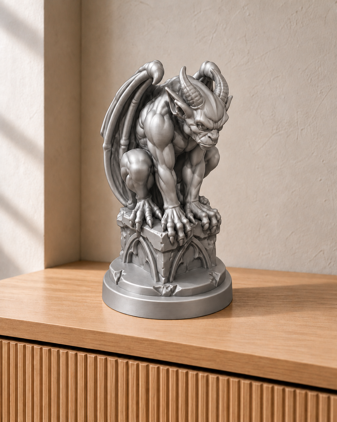 Hockender Gargoyle auf Säule – Silber – handbemalt | Visualisierung