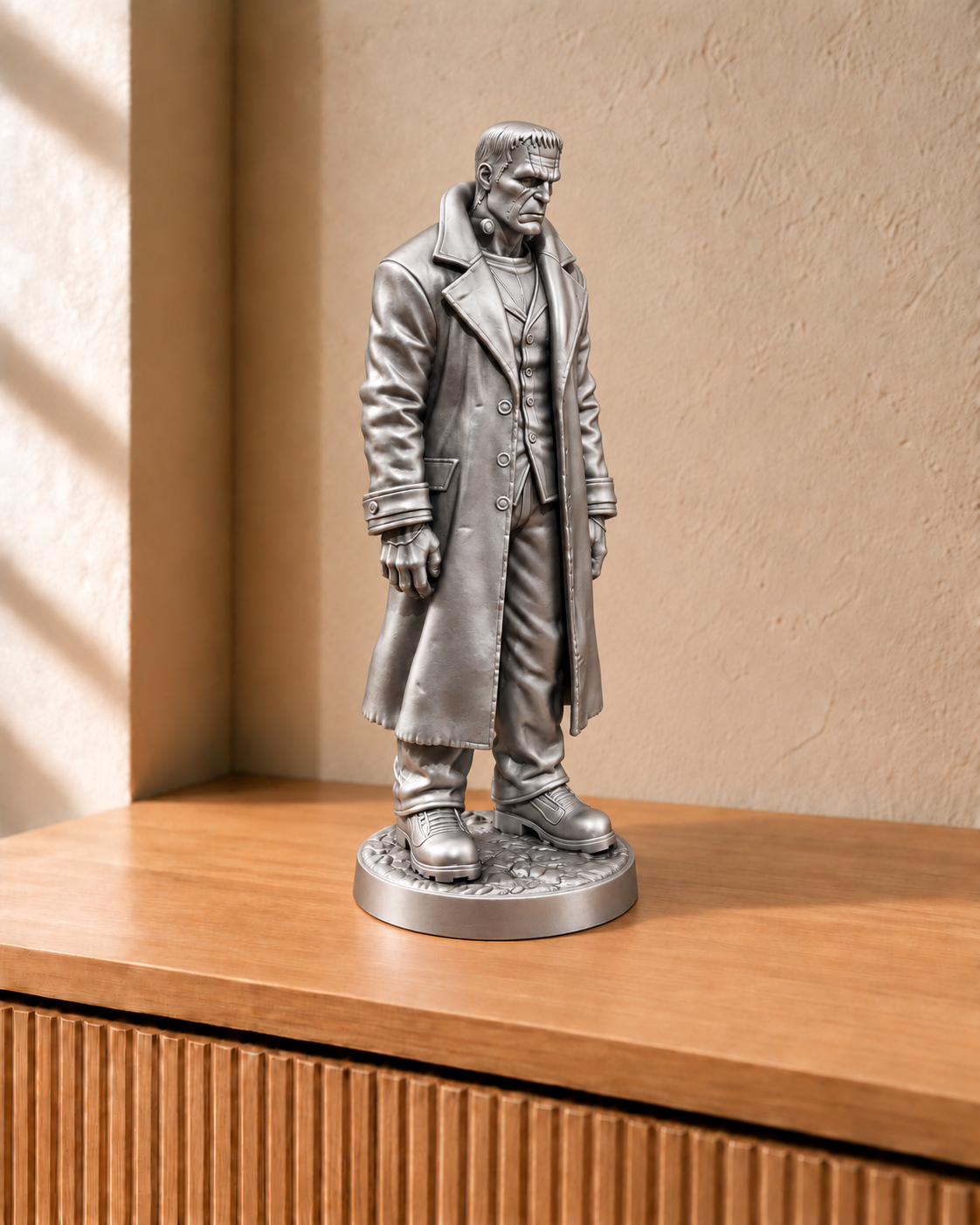 Flickenmonster im langen Mantel – Silber – handbemalt | Visualisierung