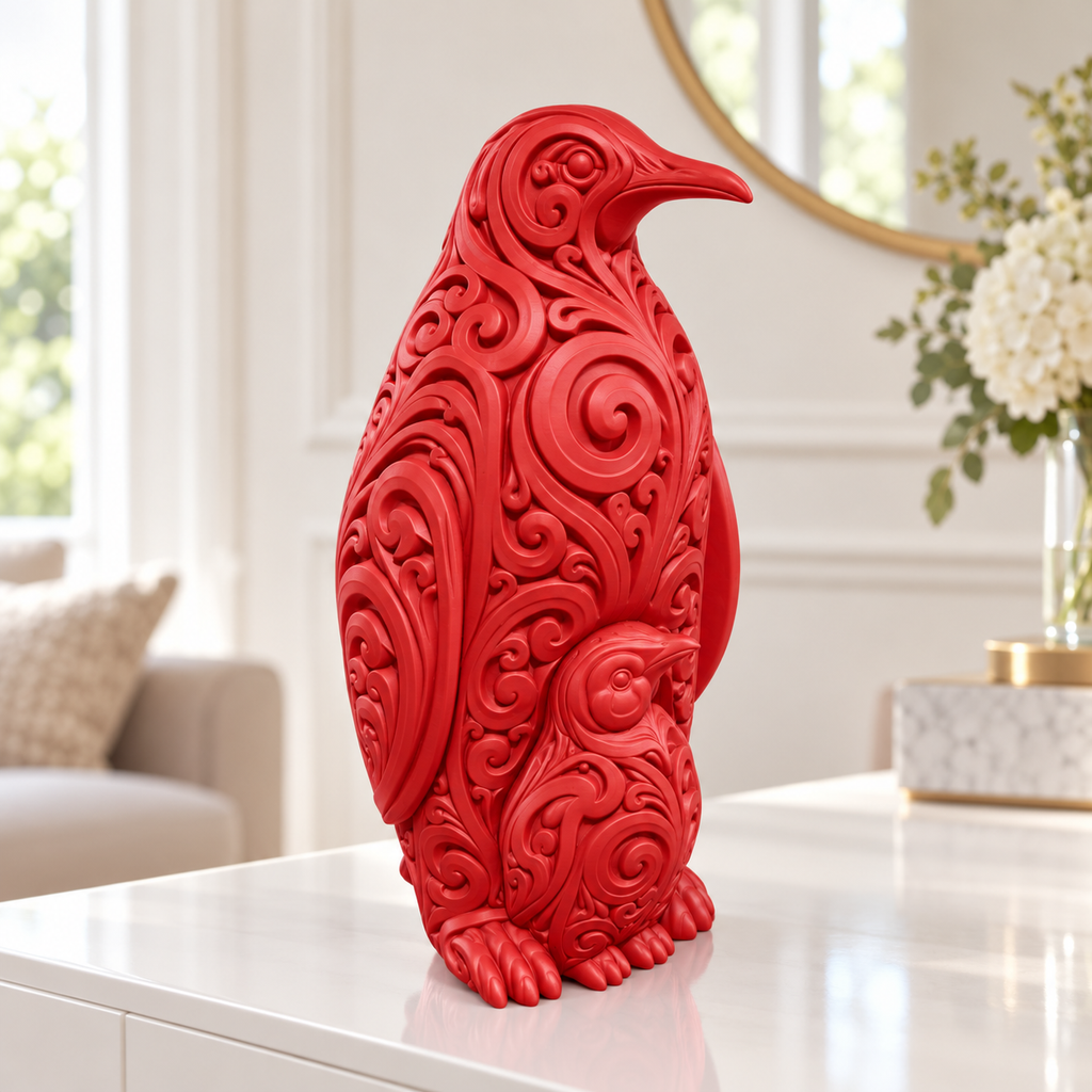 Pinguin mit Küken Ornament - Rot gedruckt Wohnzimmer