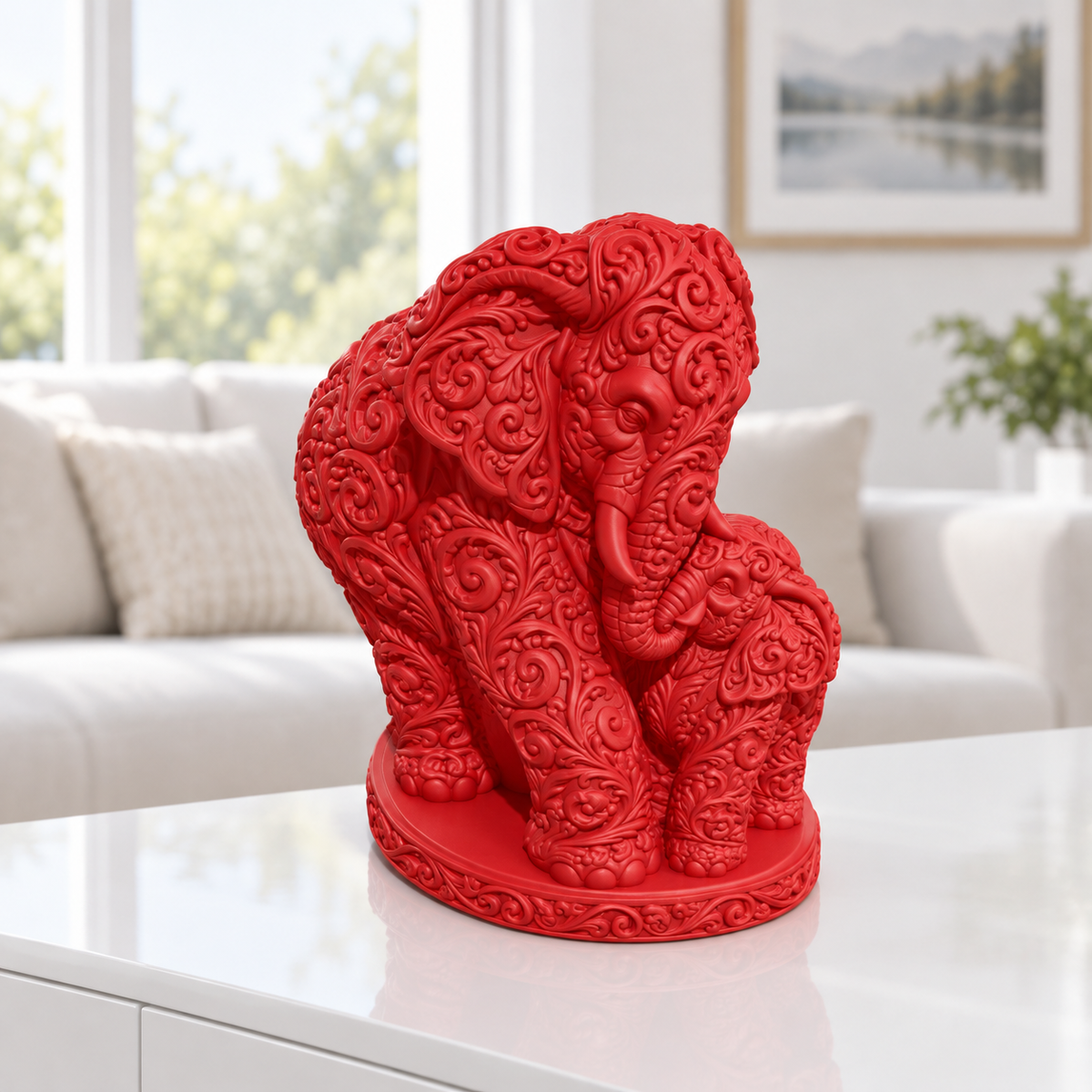 Elefant mit Kalb Ornament - Rot gedruckt Wohnzimmer