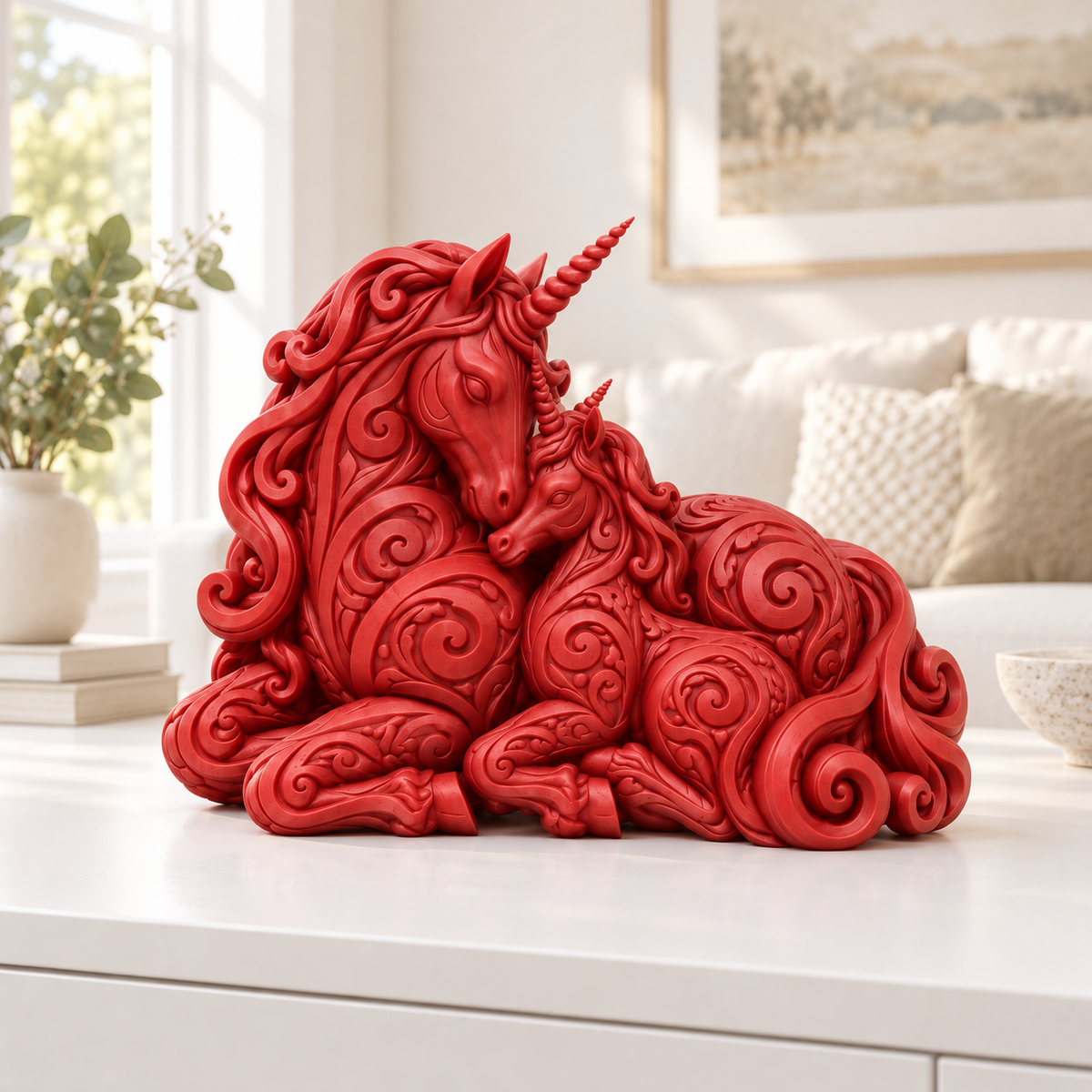 Einhorn mit Fohlen Ornament - Rot gedruckt Wohnzimmer