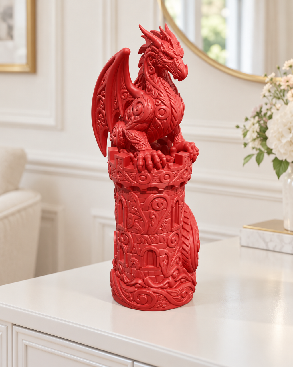 Drache auf Burgturm Ornament - Rot gedruckt Wohnzimmer