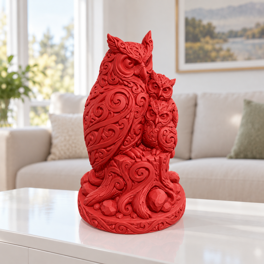Eule mit zwei Jungen Ornament - Rot gedruckt Wohnzimmer