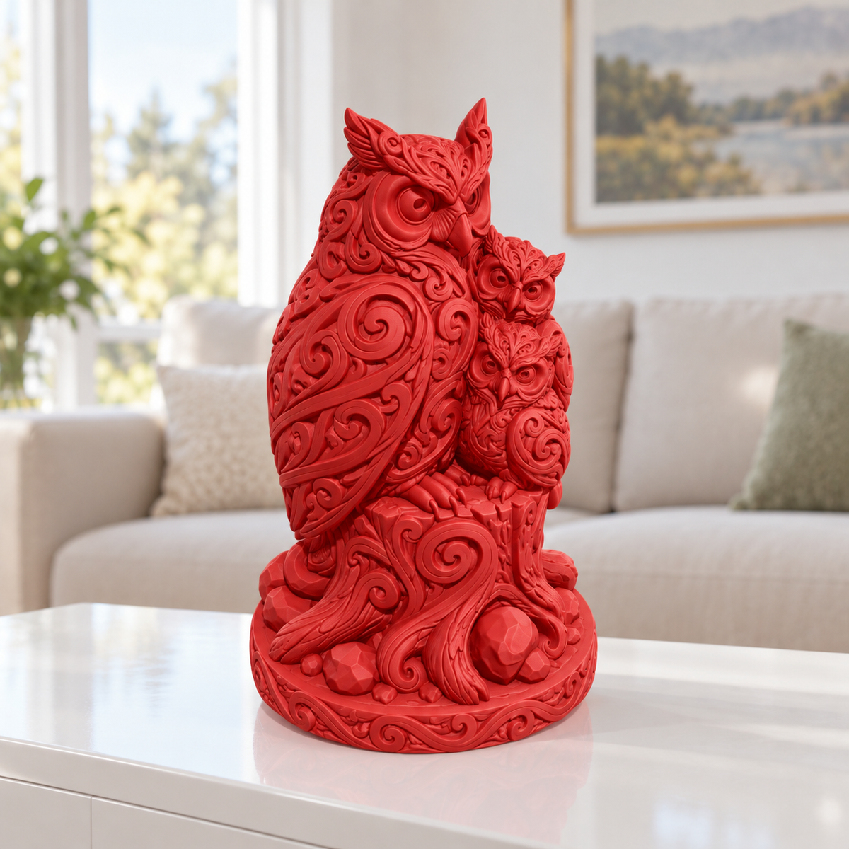 Eule mit zwei Jungen Ornament - Rot gedruckt Wohnzimmer
