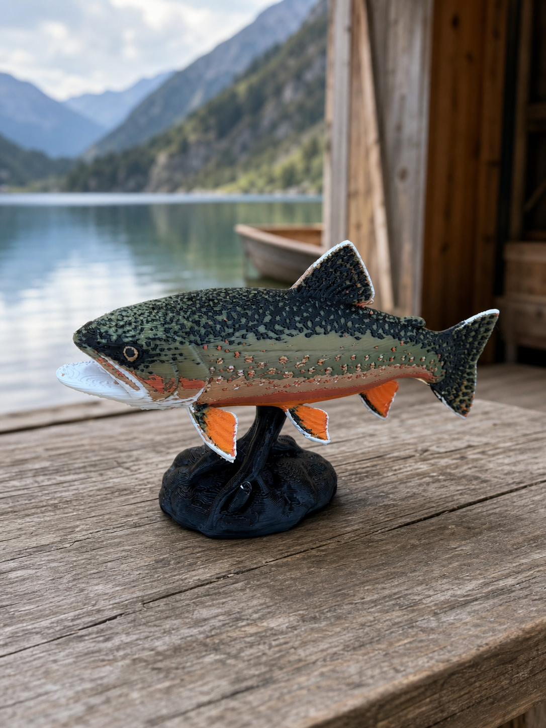 Regenbogenforelle auf Sockel – freistehende Fischskulptur FehnFactory