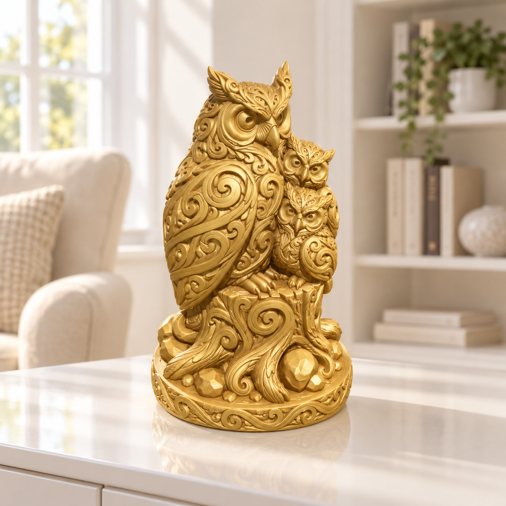 Eule mit zwei Jungen Ornament - Gold gedruckt Wohnzimmer