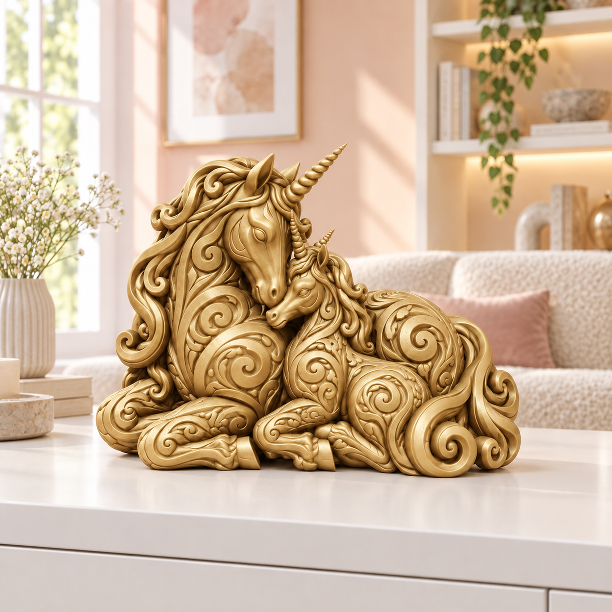 Einhorn mit Fohlen Ornament - Gold gedruckt Wohnzimmer