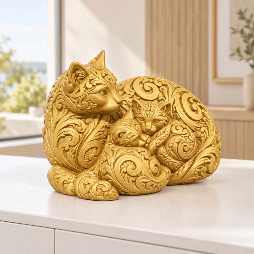 Katze mit Kätzchen Ornament - Gold gedruckt Wohnzimmer