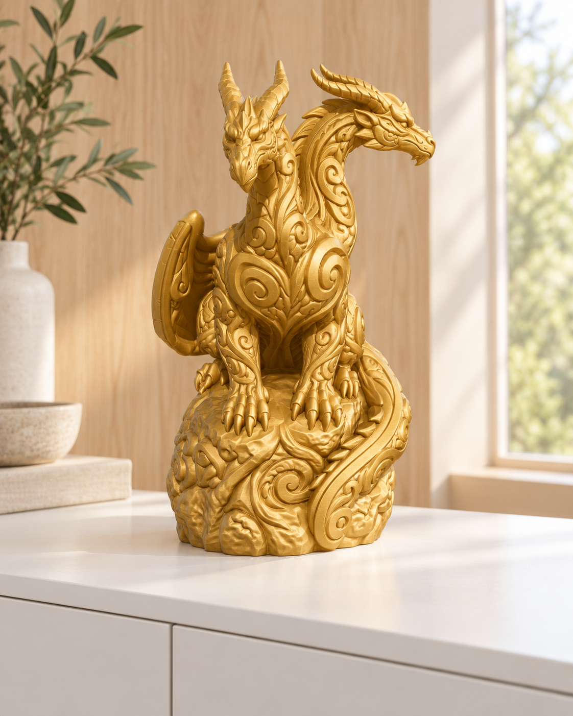Zweiköpfiger Drache Ornament - Gold gedruckt Wohnzimmer