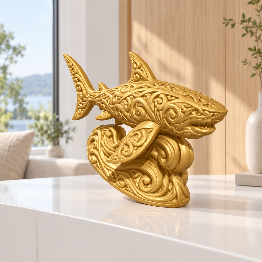 Hai auf Welle Ornament - Gold gedruckt Wohnzimmer