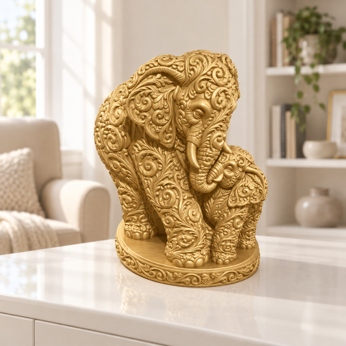 Elefant mit Kalb Ornament - Gold gedruckt Wohnzimmer