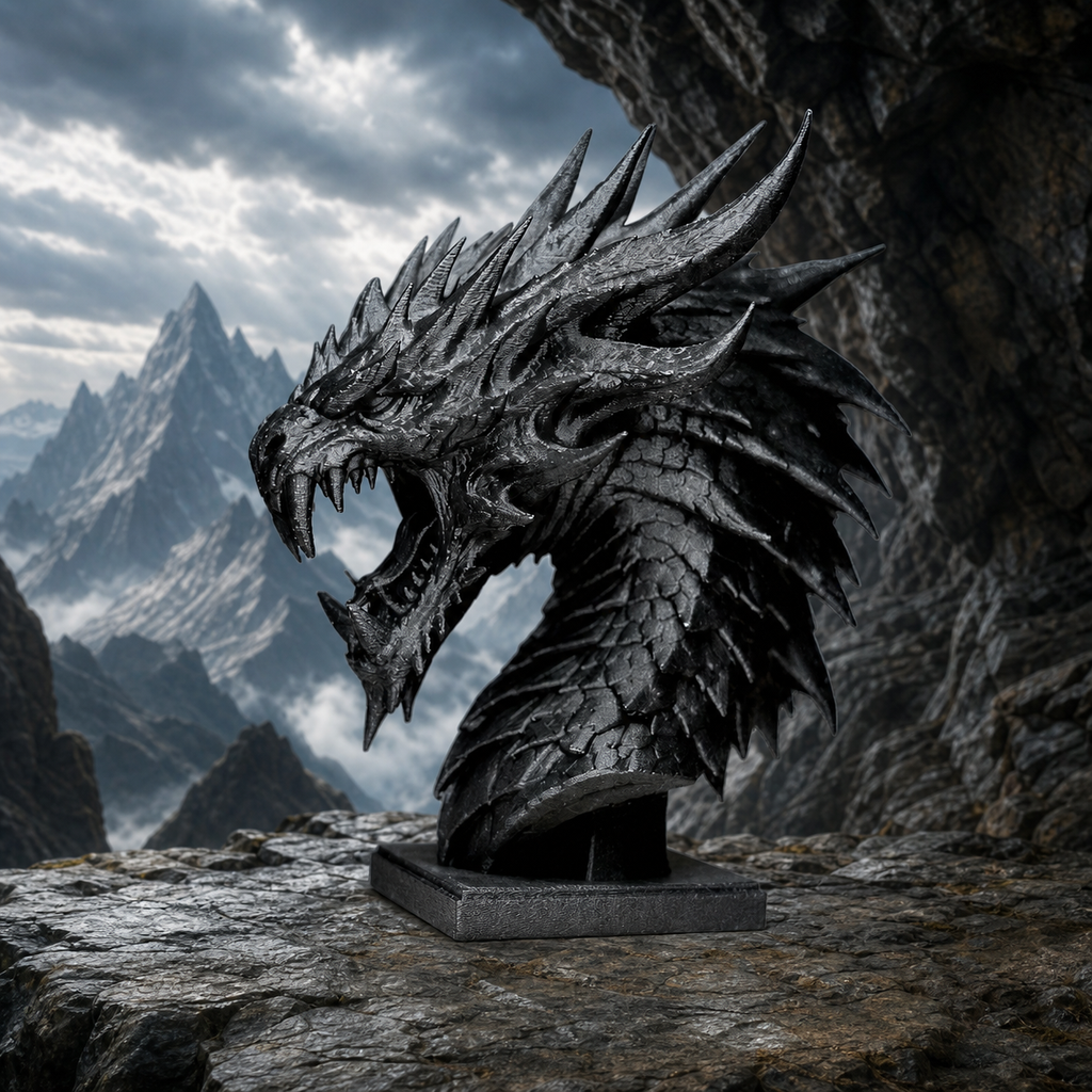Brüllender Drachenkopf – Fantasy-Büste auf Sockel FehnFactory