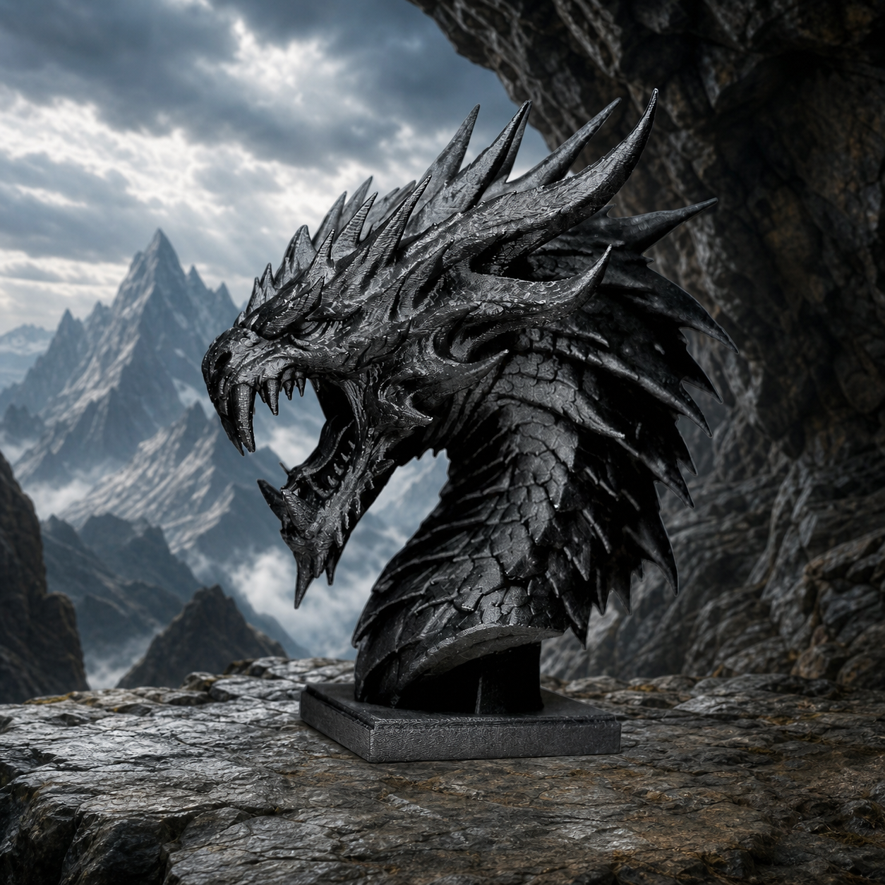 Brüllender Drachenkopf – Fantasy-Büste auf Sockel FehnFactory