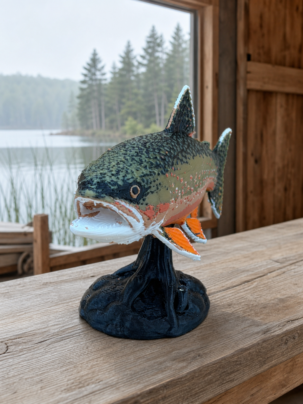 Regenbogenforelle auf Sockel – freistehende Fischskulptur FehnFactory