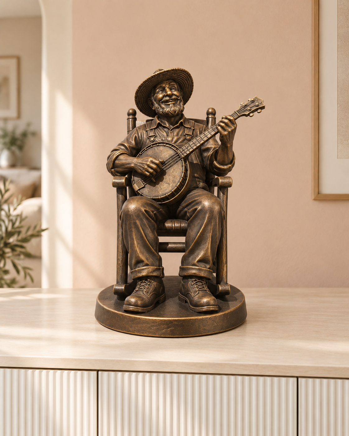 Banjo-Spieler im Schaukelstuhl – 08 handbemalt bronze