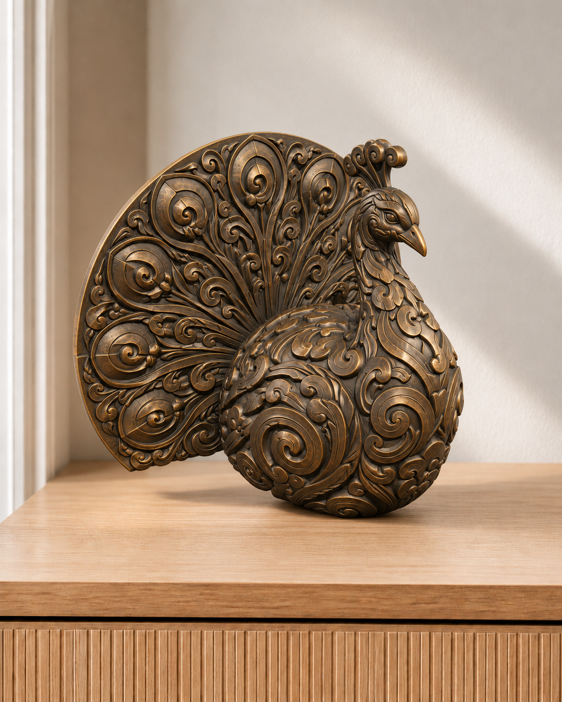Pfau mit Rad – 08 handbemalt bronze
