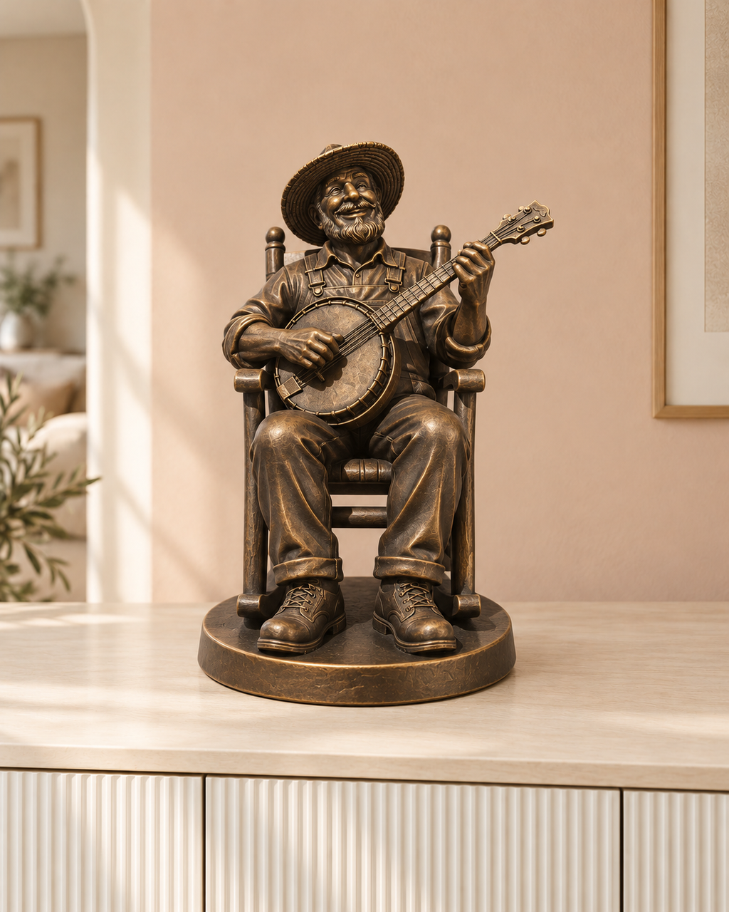 Banjo-Spieler im Schaukelstuhl – 08 handbemalt bronze