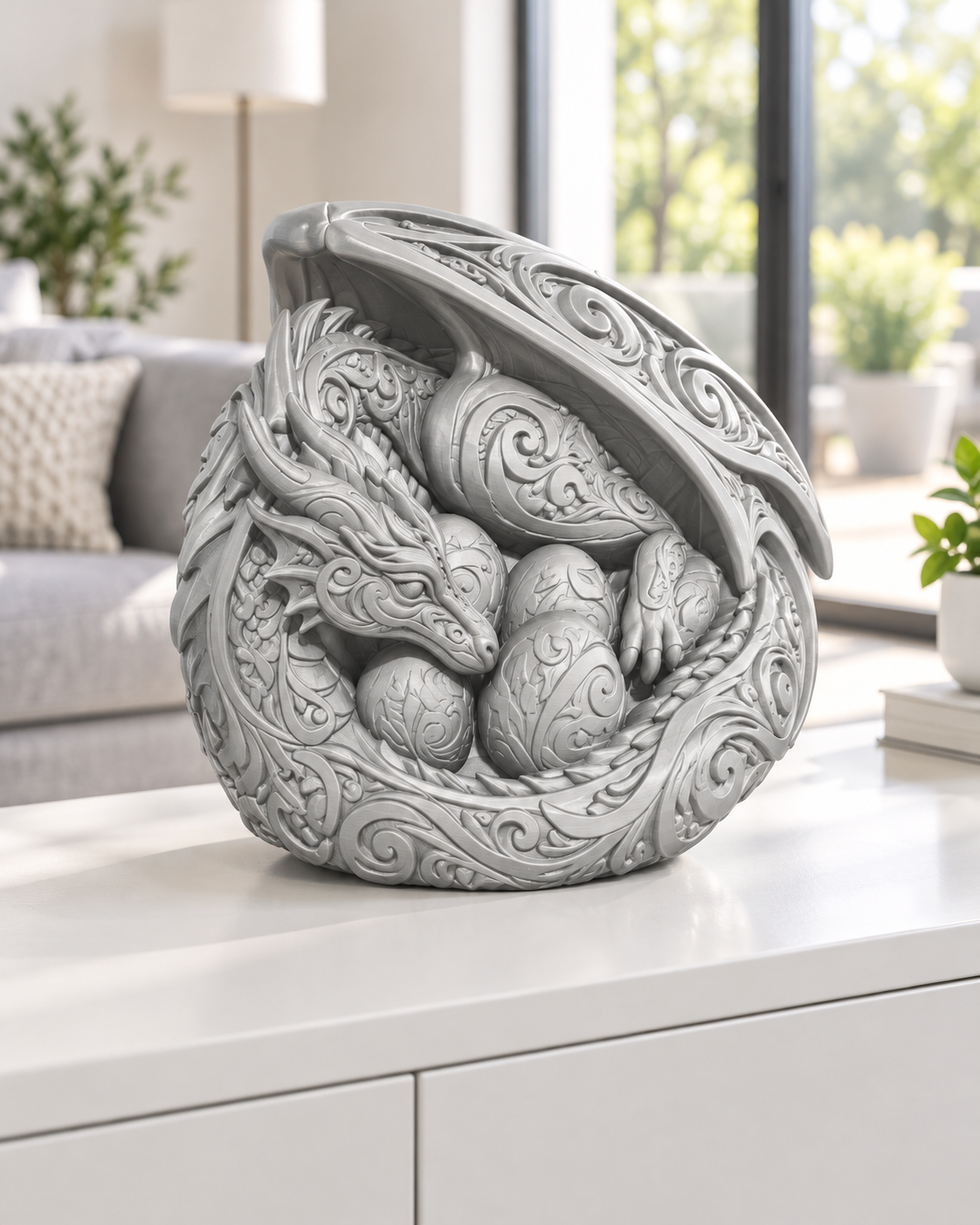 Drachenmutter mit Eiern Ornament - Silber gedruckt Wohnzimmer