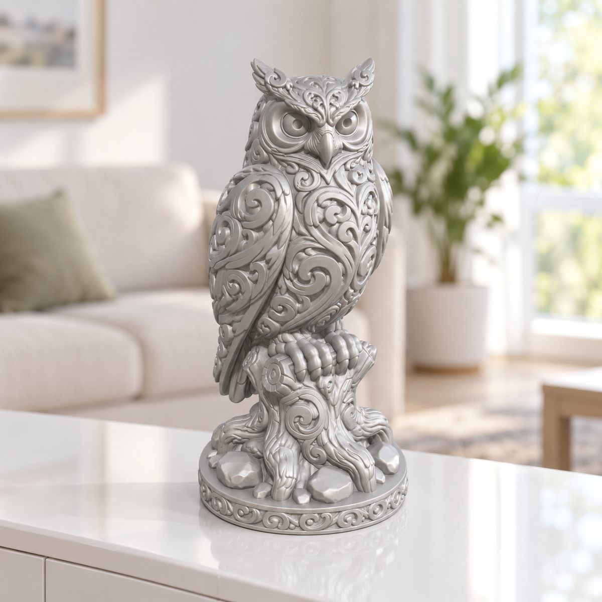 Uhu auf Baumstumpf Ornament - Silber gedruckt Wohnzimmer