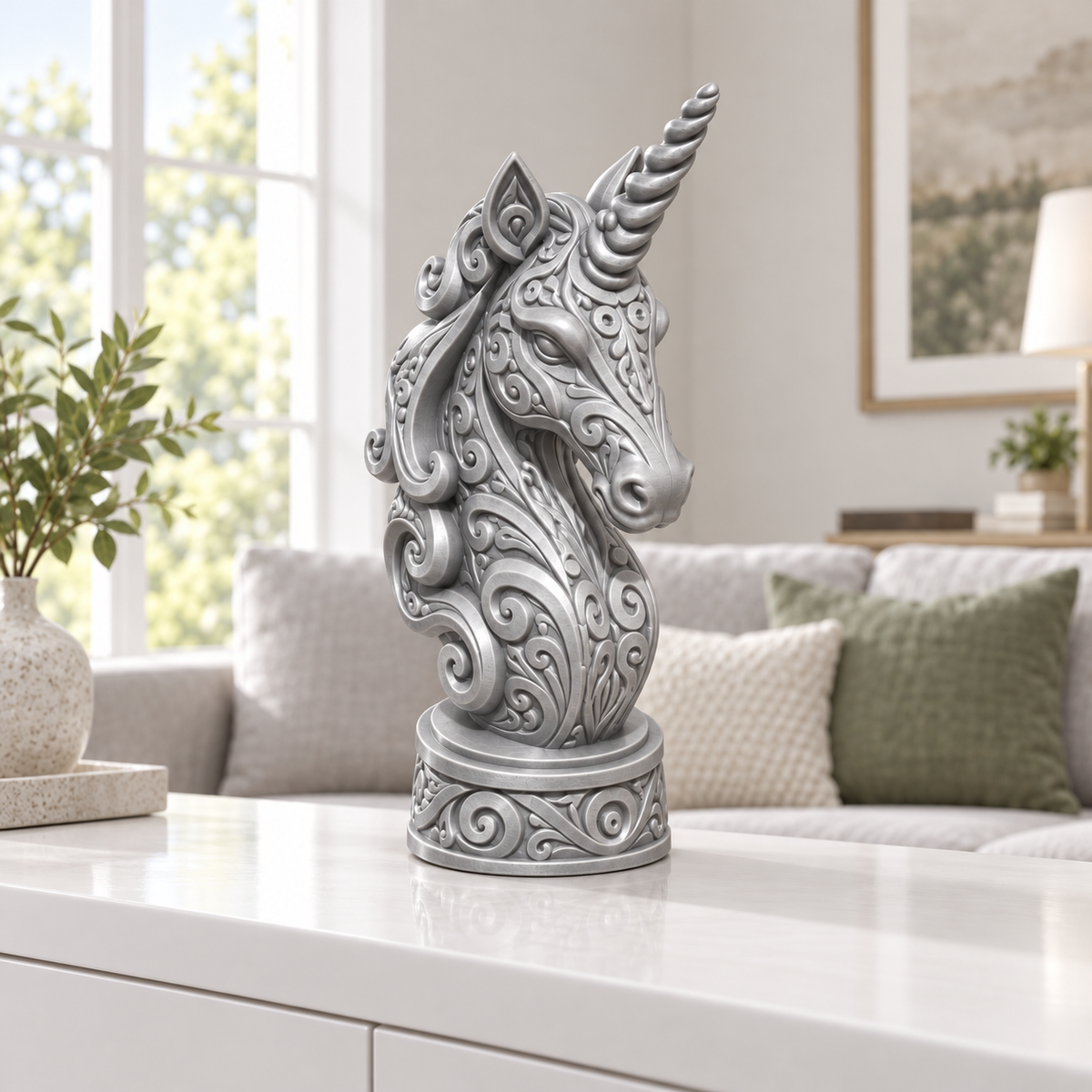 Einhorn-Büste Ornament - Silber gedruckt Wohnzimmer