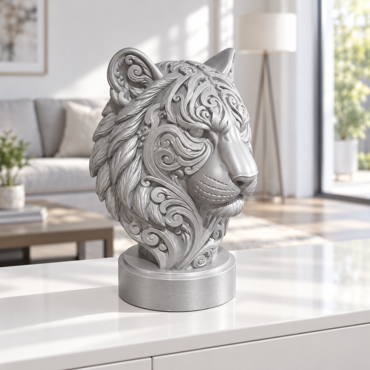 Tigerbüste Ornament - Silber gedruckt Wohnzimmer