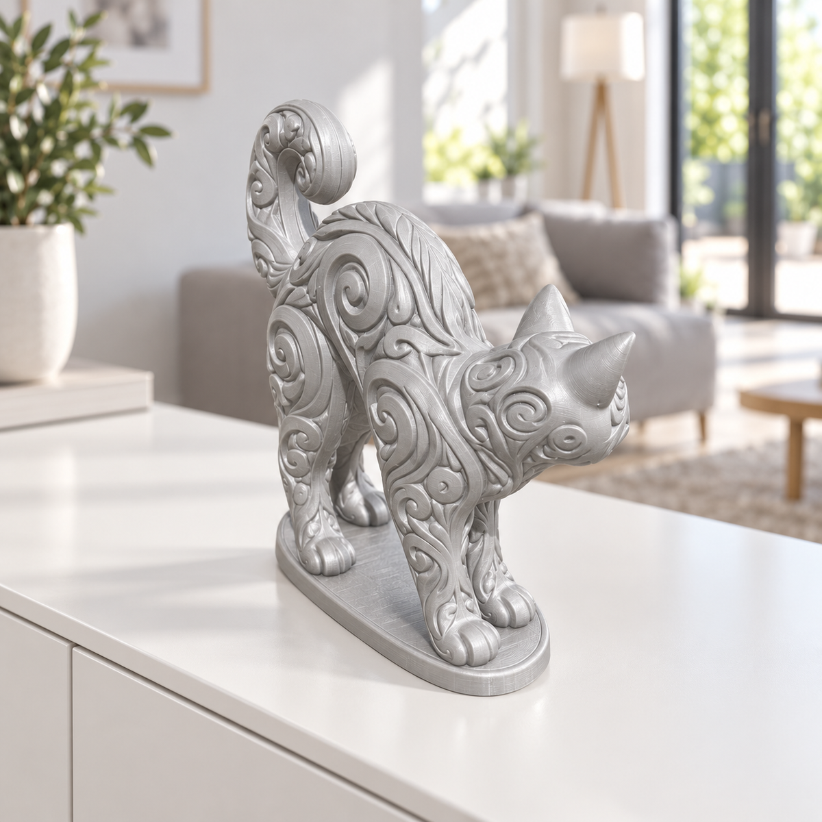 Katze mit Buckel Ornament - Silber gedruckt Wohnzimmer