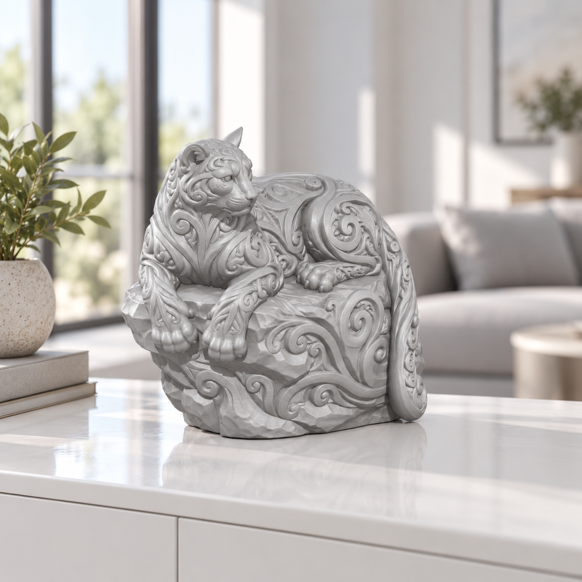 Puma auf Felsvorsprung Ornament - Silber gedruckt Wohnzimmer