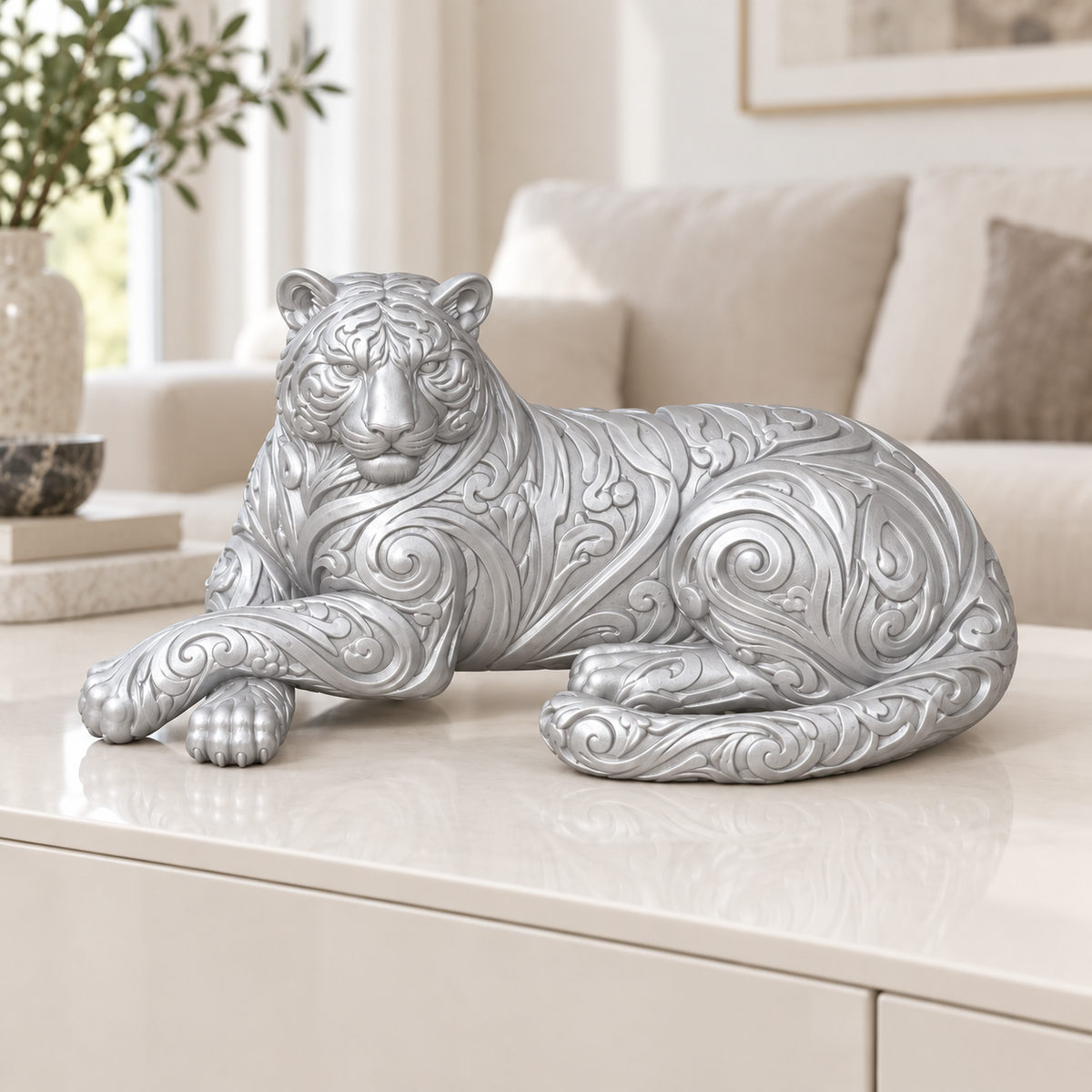 Liegender Tiger Ornament - Silber gedruckt Wohnzimmer