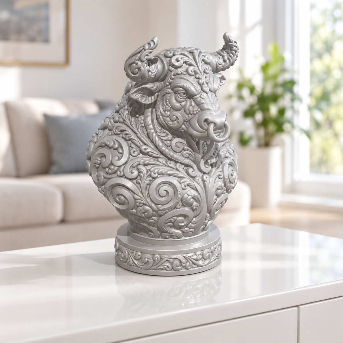 Stierbüste Ornament - Silber gedruckt Wohnzimmer