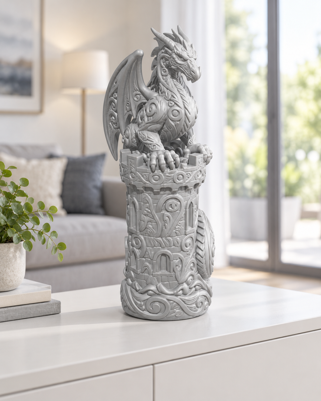 Drache auf Burgturm Ornament - Silber gedruckt Wohnzimmer