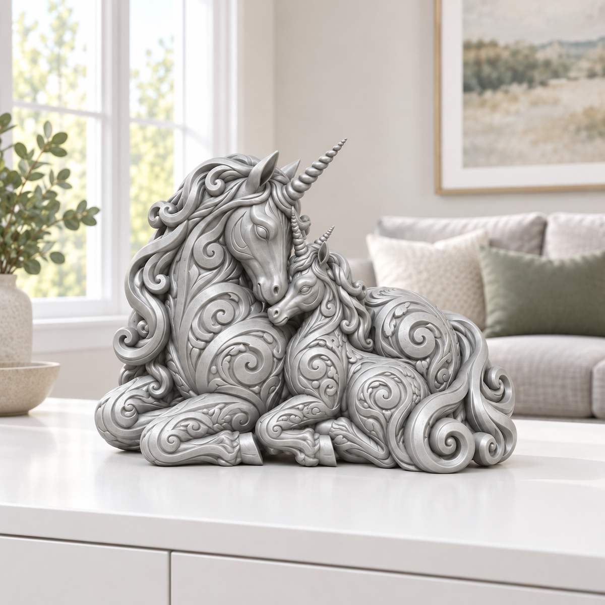 Einhorn mit Fohlen Ornament - Silber gedruckt Wohnzimmer