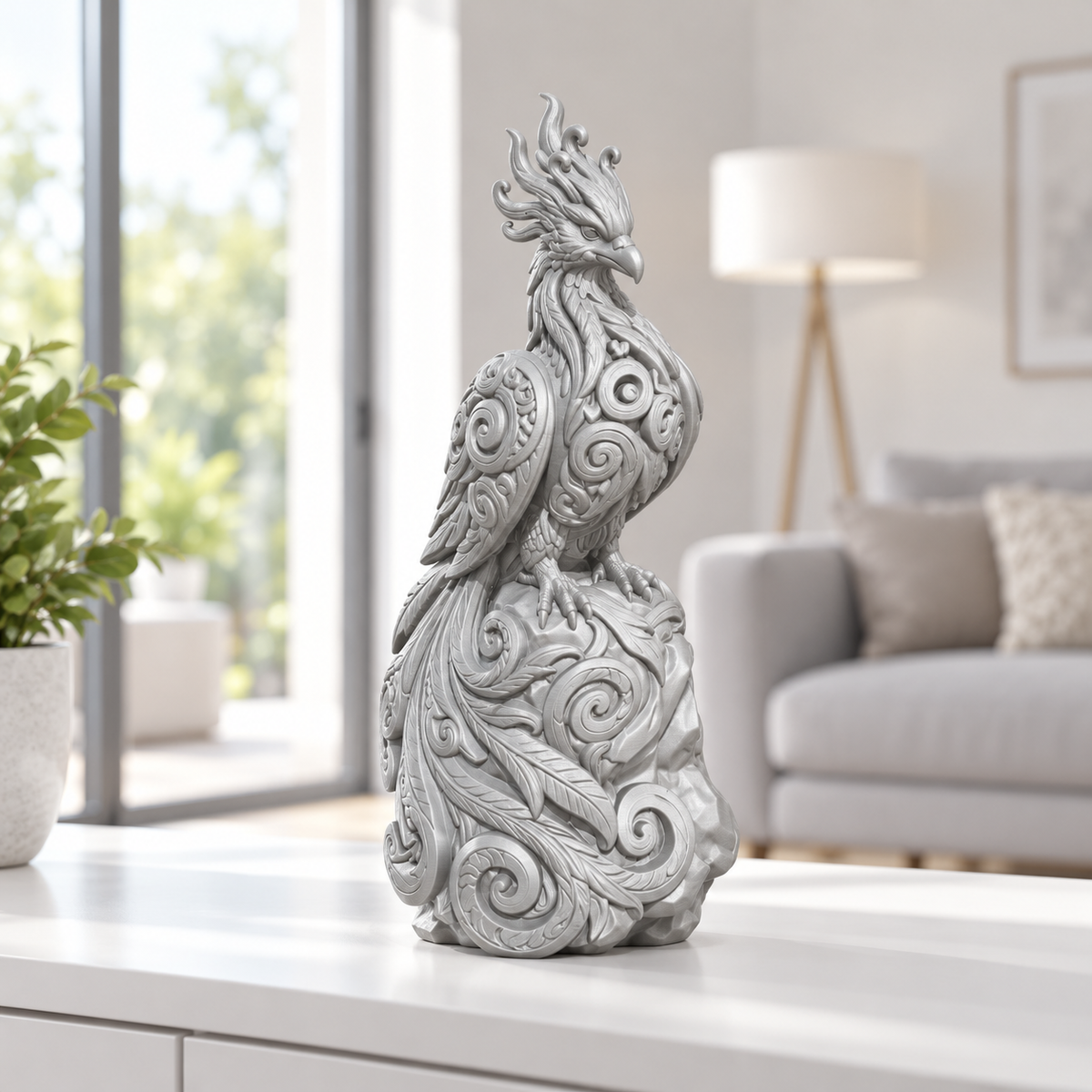 Sitzender Phönix Ornament - Silber gedruckt Wohnzimmer