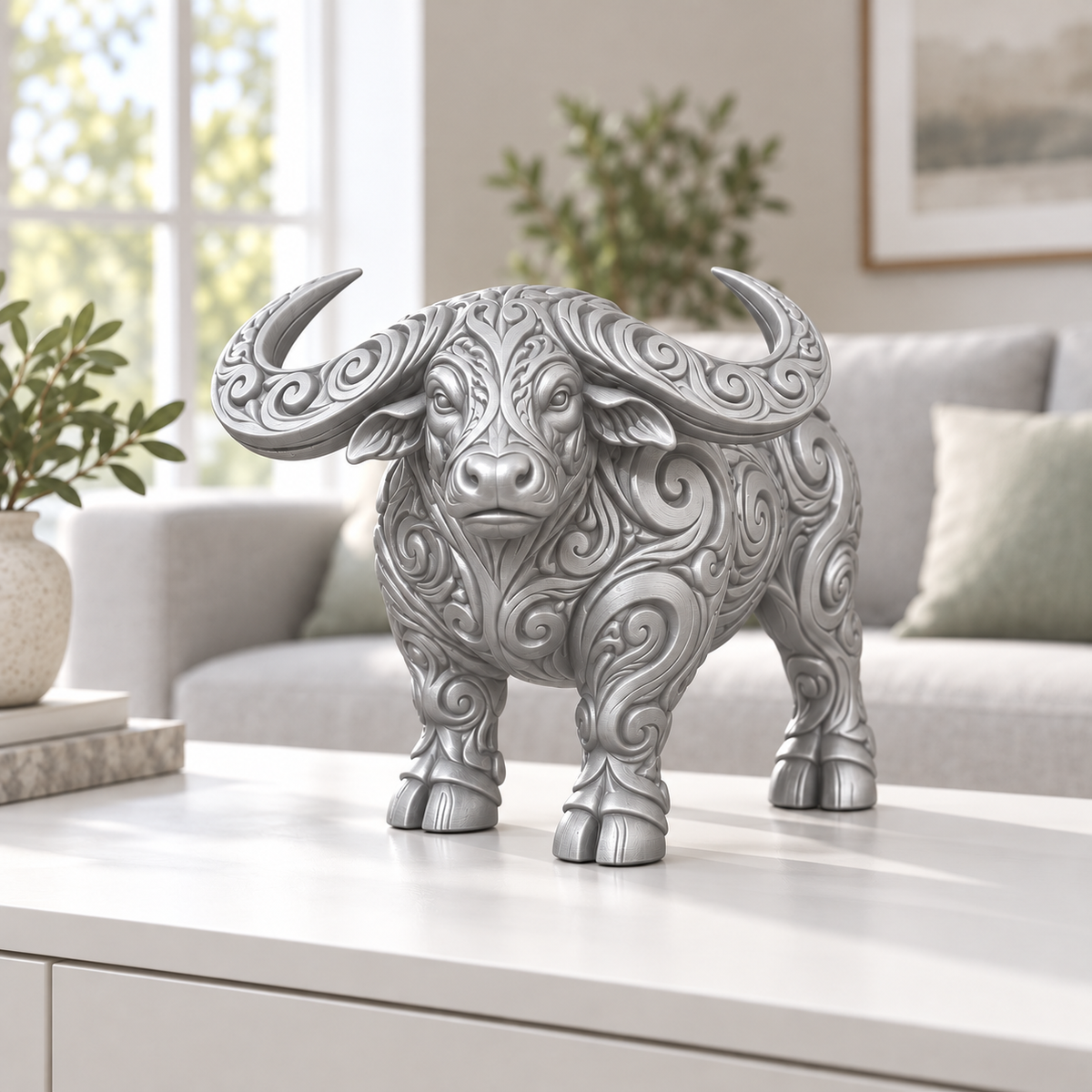 Wasserbüffel Ornament - Silber gedruckt Wohnzimmer