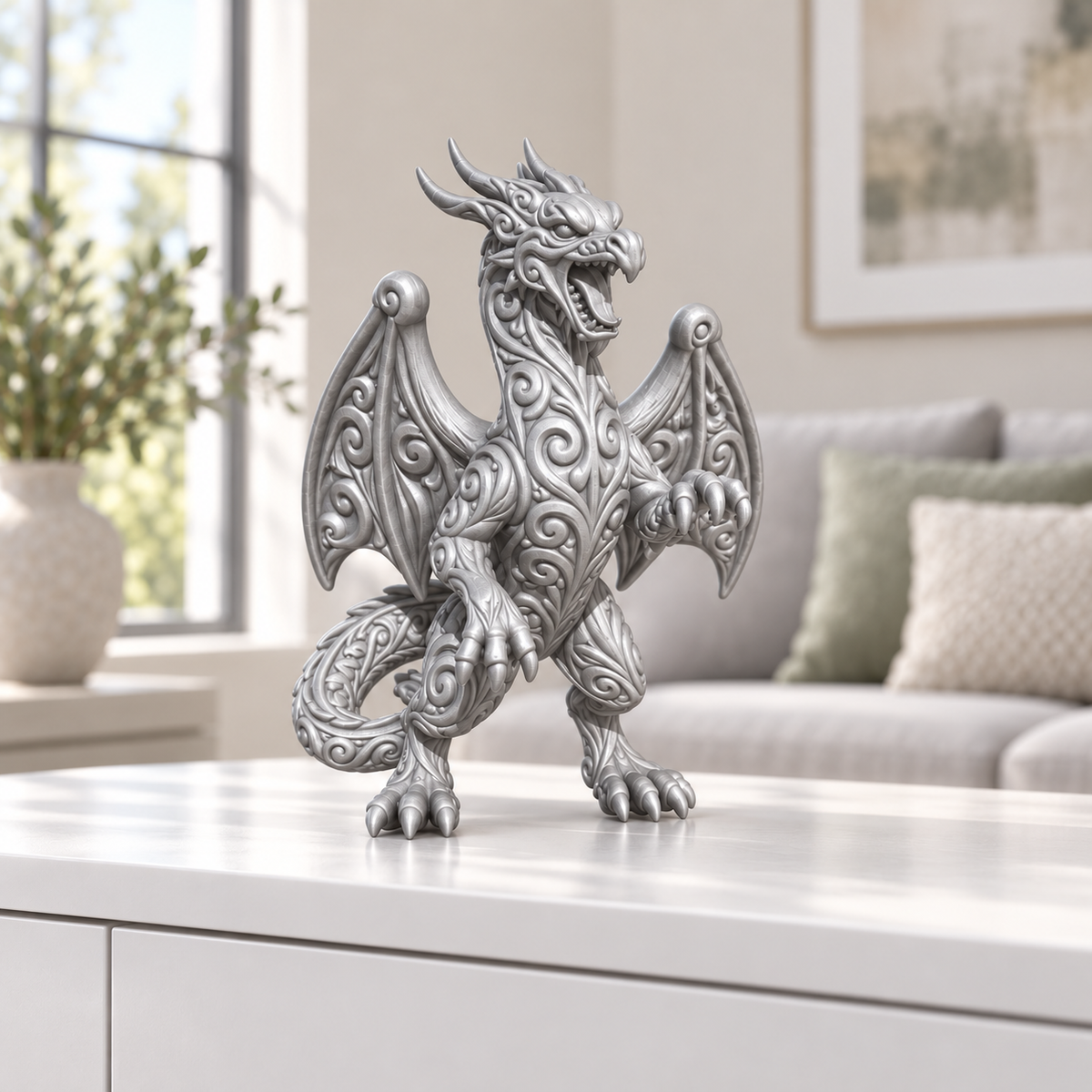 Brüllender Drache Ornament - Silber gedruckt Wohnzimmer