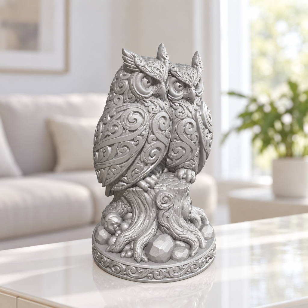 Eulenpaar auf Stamm Ornament - Silber gedruckt Wohnzimmer