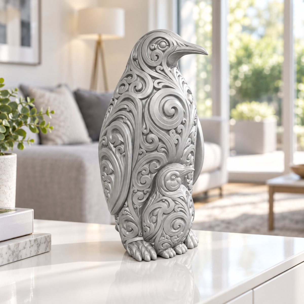 Pinguin mit Küken Ornament - Silber gedruckt Wohnzimmer