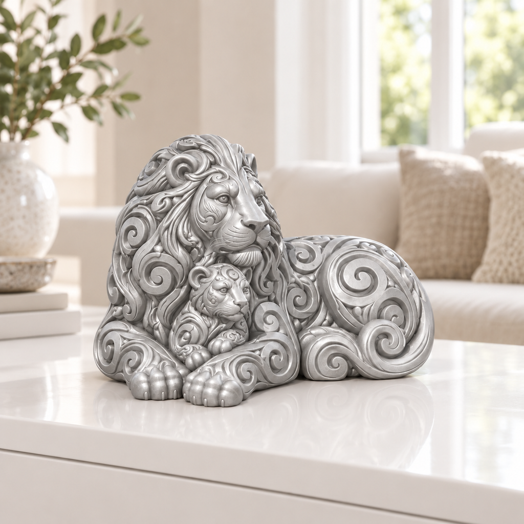 Löwe mit Jungem Ornament - Silber gedruckt Wohnzimmer