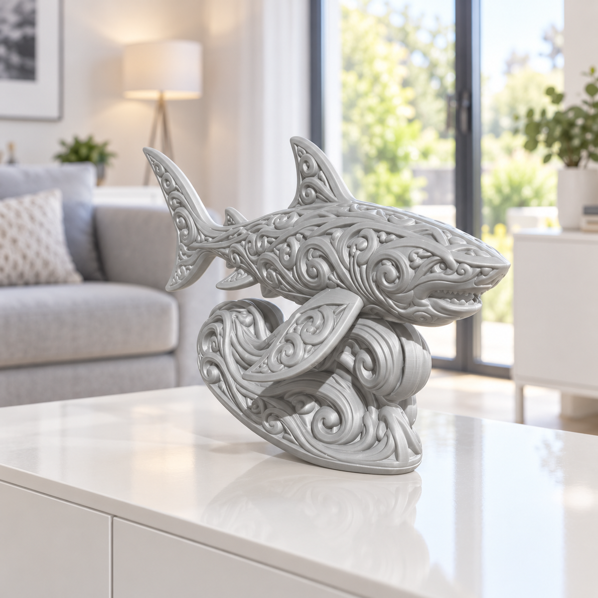 Hai auf Welle Ornament - Silber gedruckt Wohnzimmer